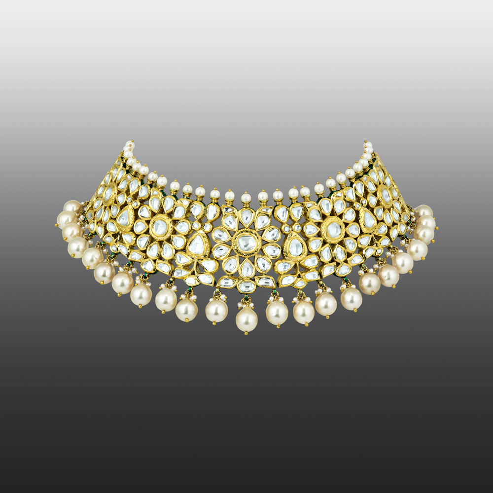 Polki Floral Choker with Gold Setting and Pearl Rows